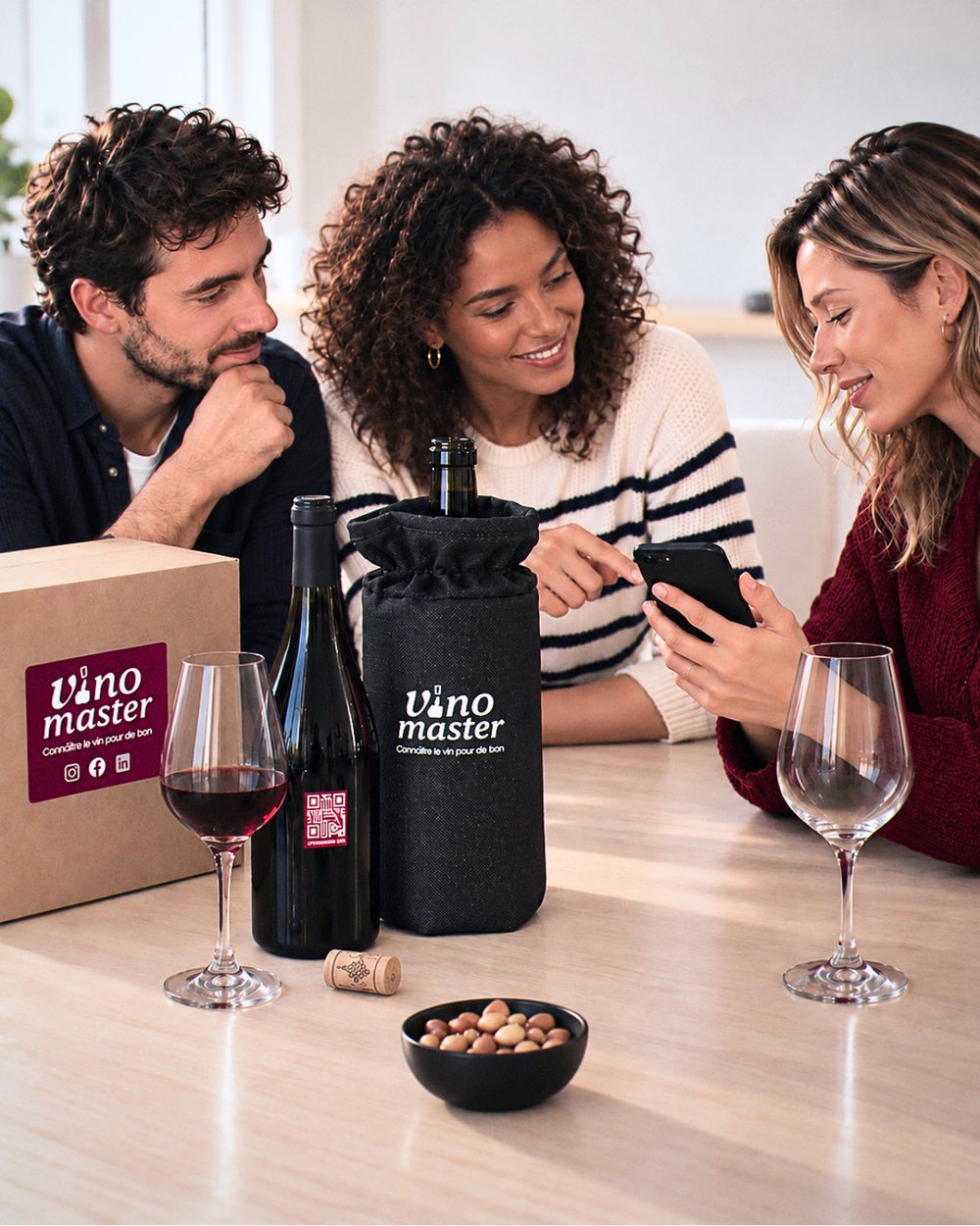 Trois amis partagent un moment autour de l'Expérience Vino Curieux